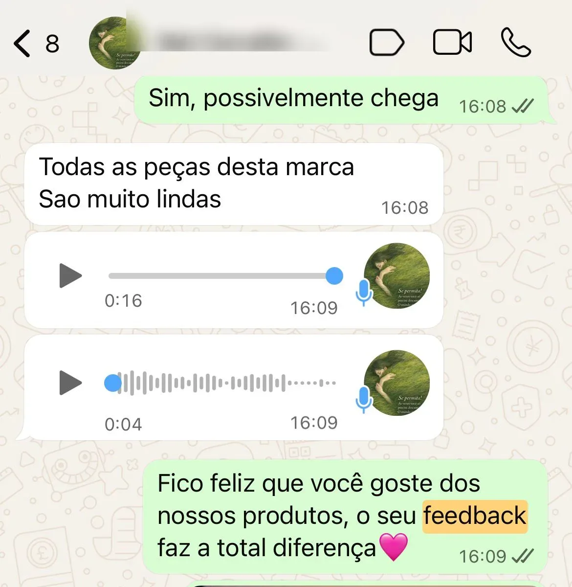 Depoimento de cliente no WhatsApp